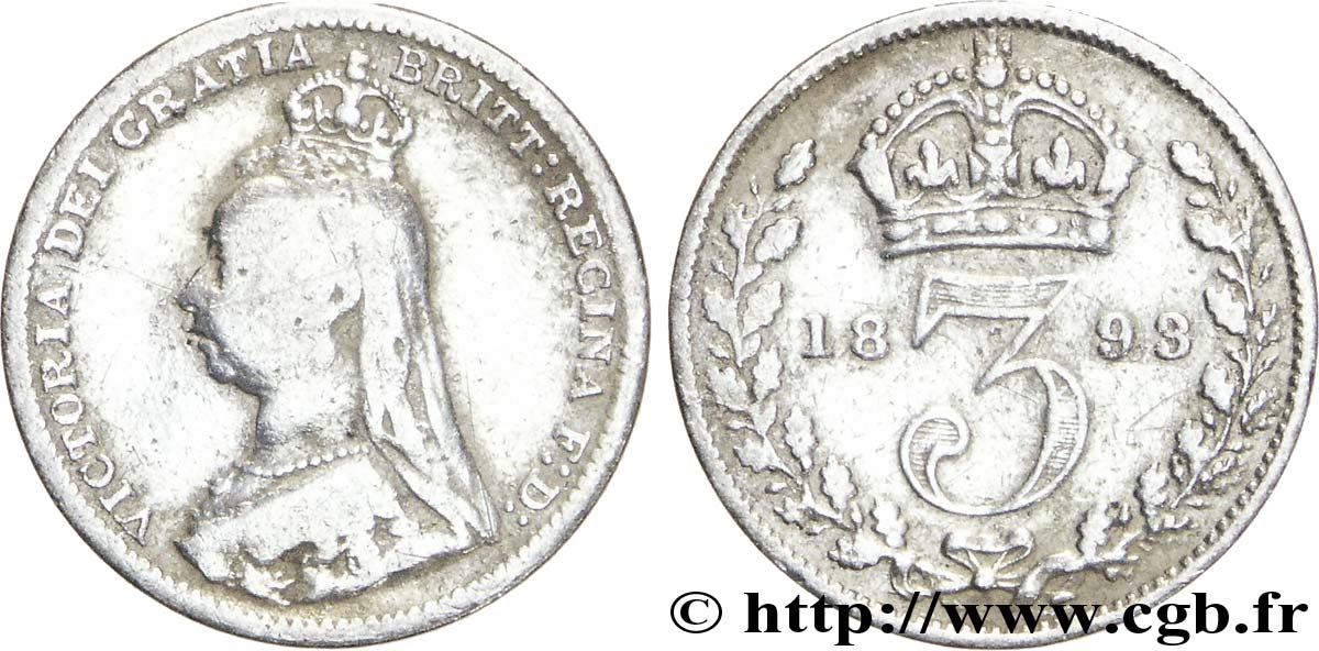 UNITED KINGDOM 3 Pence Victoria buste du jubilé 1893  VF 