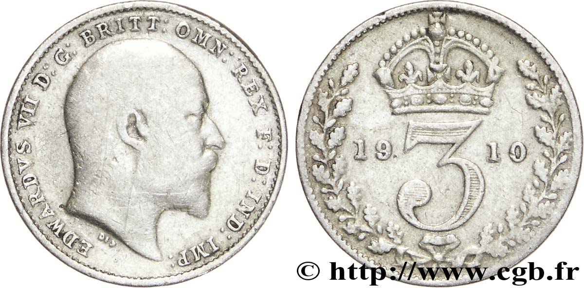 VEREINIGTEN KÖNIGREICH 3 Pence Edouard VII / couronne 1910  S 