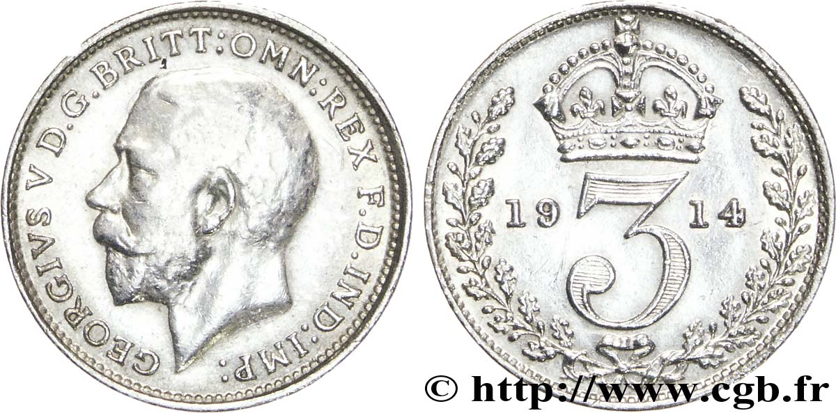 UNITED KINGDOM 3 Pence Georges V / couronne 1914  XF 