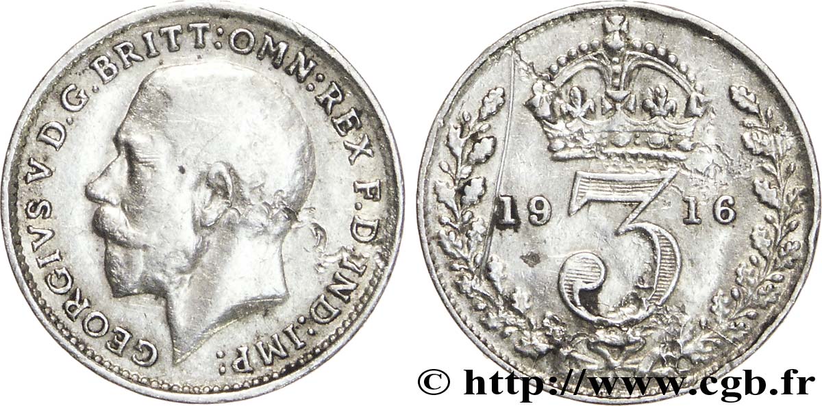 ROYAUME-UNI 3 Pence Georges V / couronne 1916  TB 
