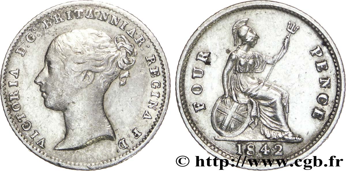 UNITED KINGDOM 4 Pence ou groat Victoria / Britannia assise 1842 Londres AU 