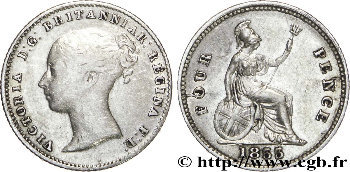 REINO UNIDO 4 Pence ou groat Victoria / Britannia assise 1855 Londres MBC 