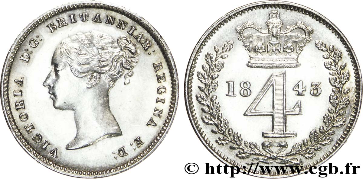 REINO UNIDO 4 Pence (Maundy Set) Victoria tête jeune 1843 Londres EBC 