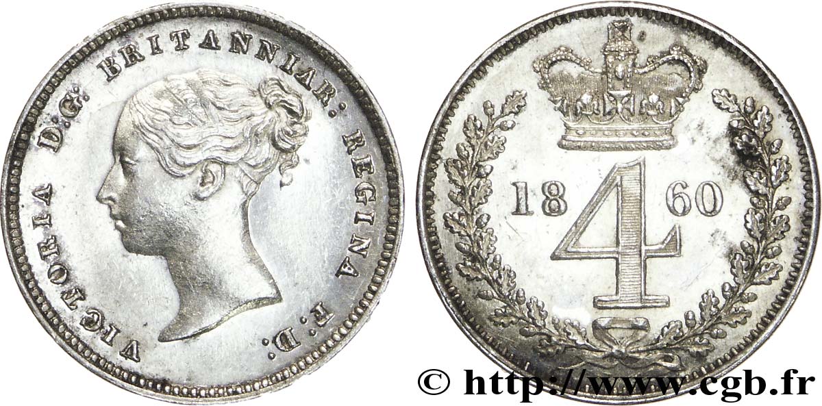REINO UNIDO 4 Pence (Maundy Set) Victoria tête jeune 1860 Londres EBC 