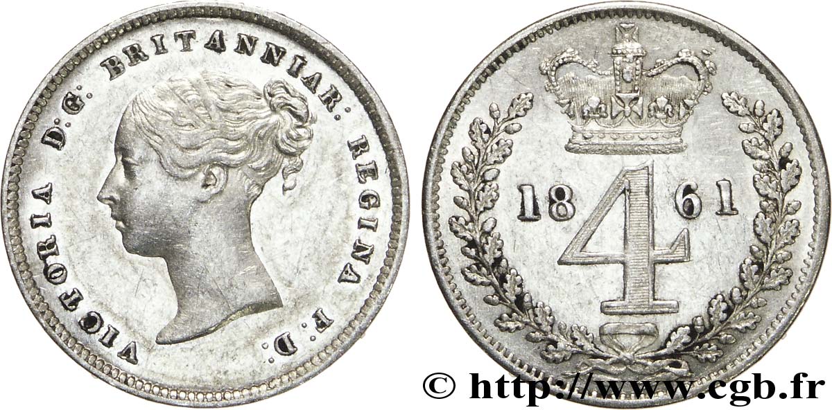REINO UNIDO 4 Pence (Maundy Set) Victoria tête jeune 1861 Londres EBC 