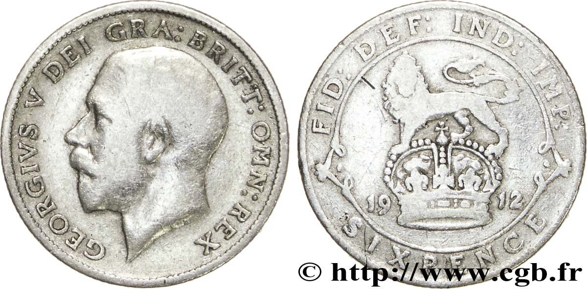 ROYAUME-UNI 6 Pence Georges V / lion surmontant une couronne 1912  TB 