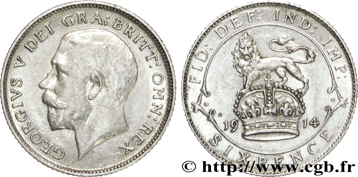 VEREINIGTEN KÖNIGREICH 6 Pence Georges V / lion surmontant une couronne 1914  VZ 