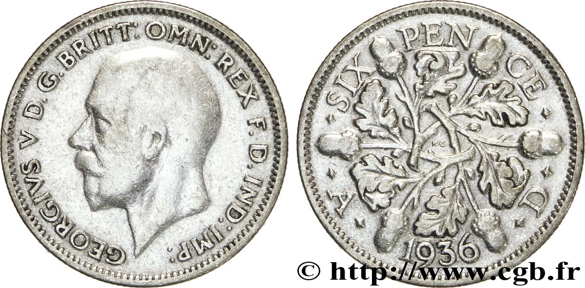 UNITED KINGDOM 6 Pence Georges V / 6 rameaux de chêne 1936  VF 