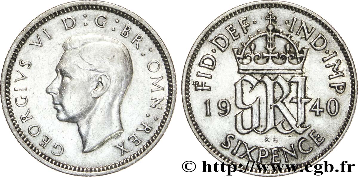 ROYAUME-UNI 6 Pence Georges VI / monograme GRI 1940  TTB+ 