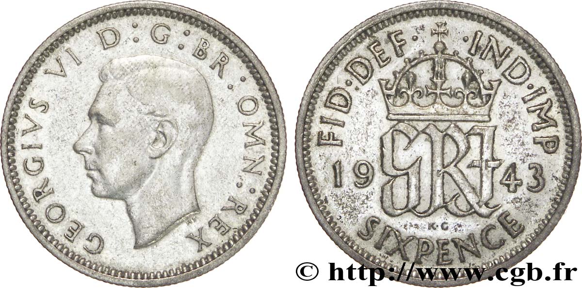 UNITED KINGDOM 6 Pence Georges VI / monograme GRI 1943  XF 