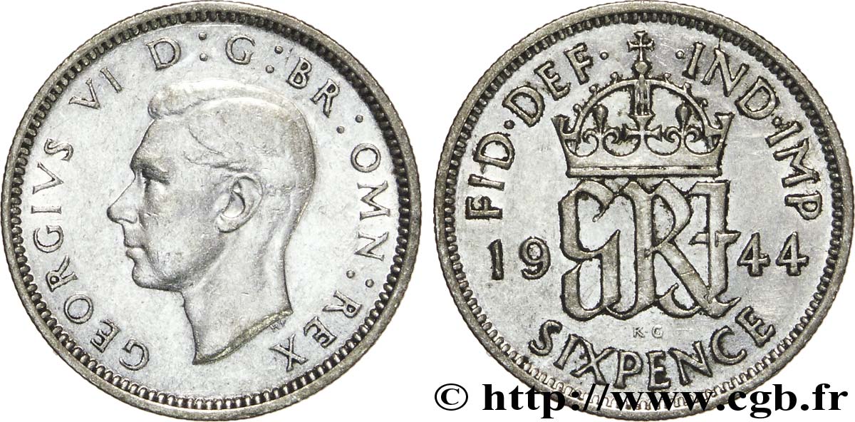 REINO UNIDO 6 Pence Georges VI / monograme GRI 1944  MBC+ 