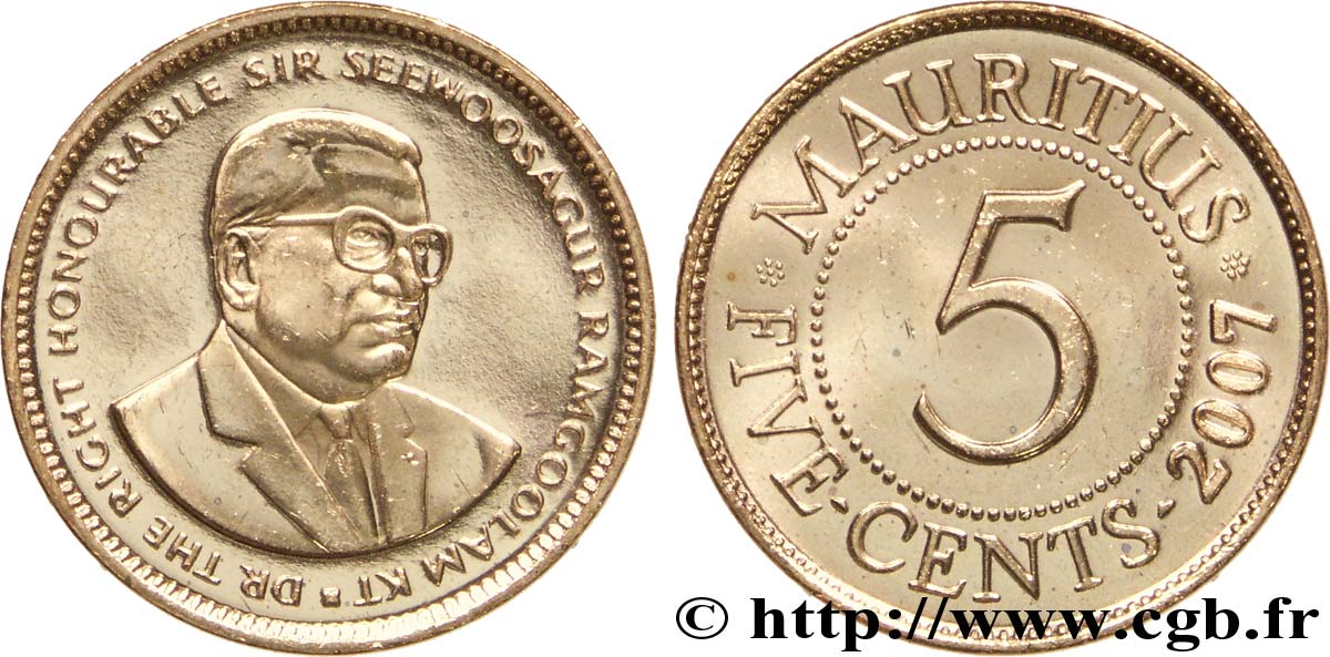 MAURITIUS 5 Cents Sir Seewoosagur Ramgoolam 2007  fST 