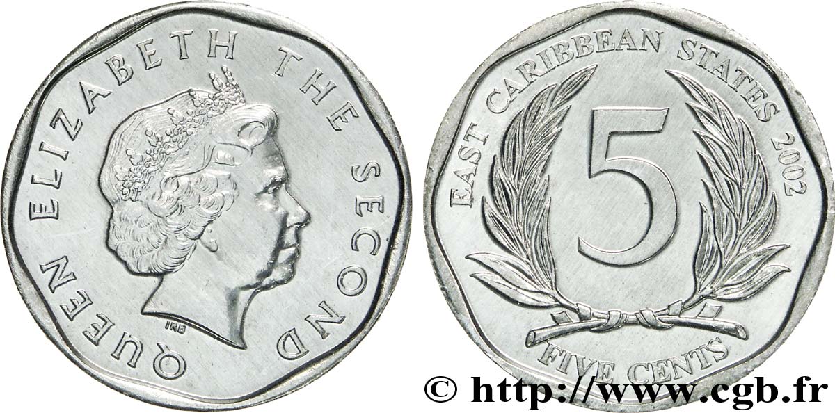 ÉTATS DE LA CARAÏBE ORIENTALE 5 Cents Elisabeth II 2002  SPL 