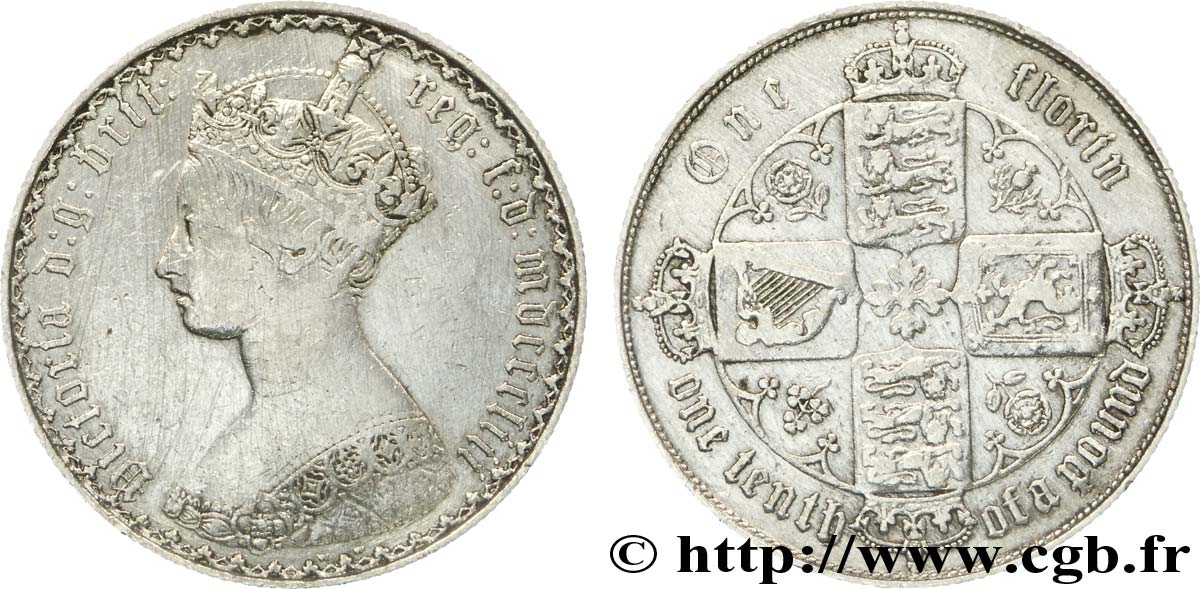 UNITED KINGDOM 1 Florin (1/10 Livre) type “Gothic” Victoria couronnée (mdcccliii = 1853) 1853  VF 