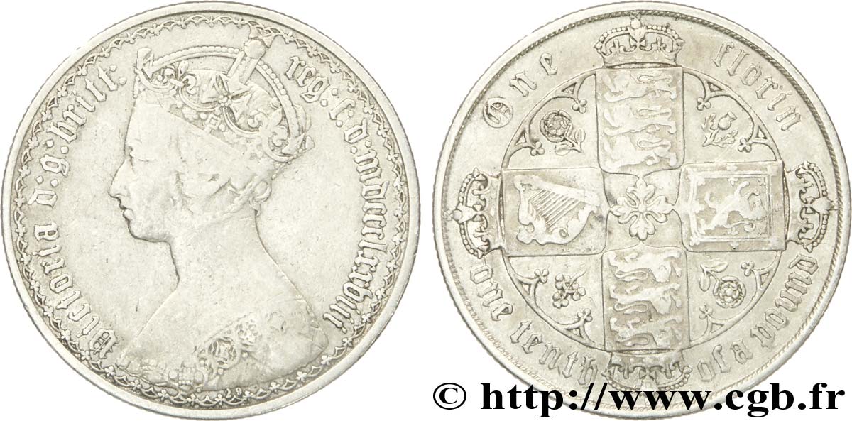 UNITED KINGDOM 1 Florin (1/10 Livre) type “Gothic” Victoria couronnée (mdccclxxviii = 1878), coin n°29 1878  VF 