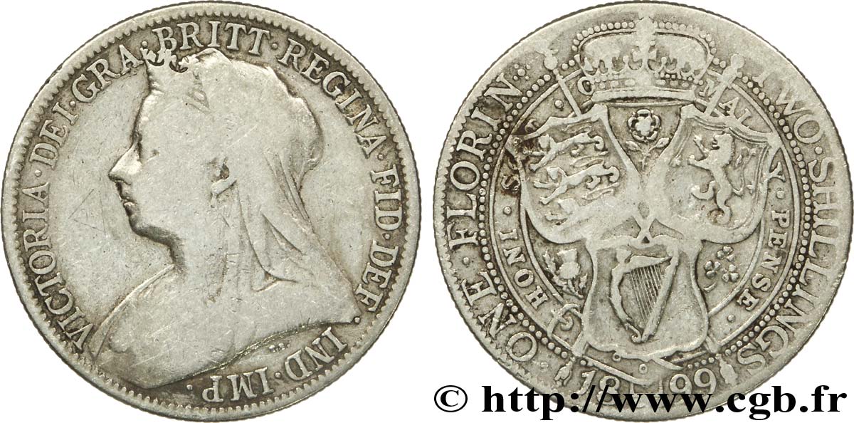 UNITED KINGDOM 1 Florin (2 Shillings) Victoria “Old Head” 1899  VF 