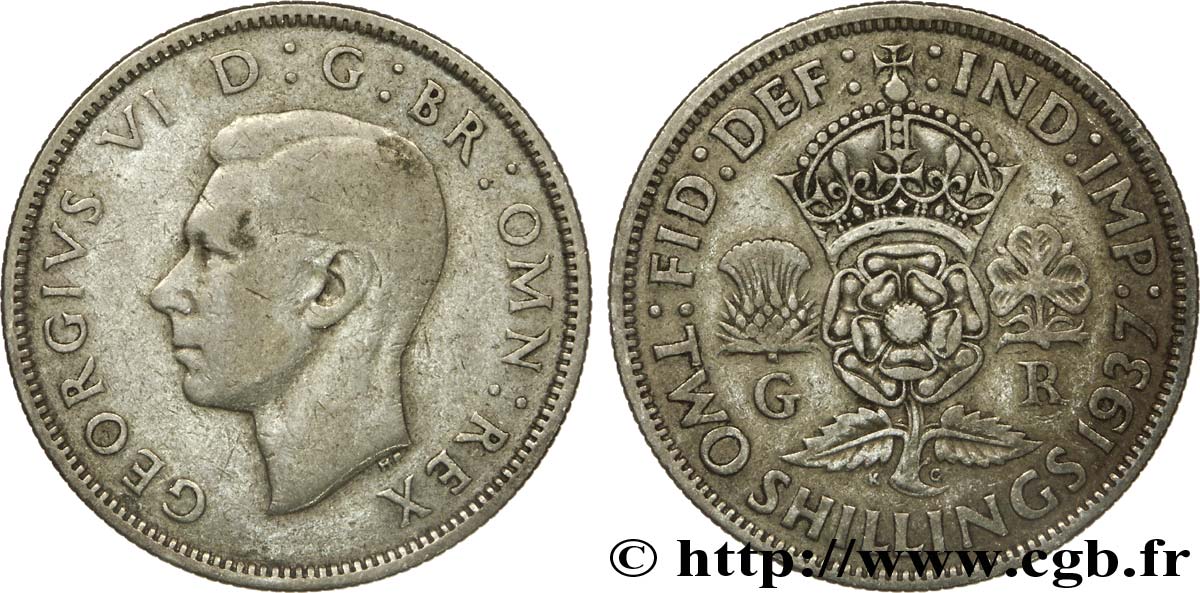 UNITED KINGDOM 1 Florin (2 Shillings) Georges VI 1937  VF 