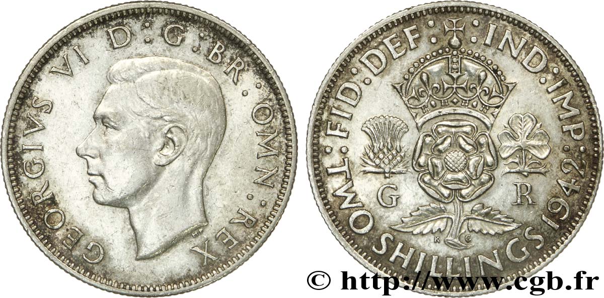 UNITED KINGDOM 1 Florin (2 Shillings) Georges VI 1942  AU 