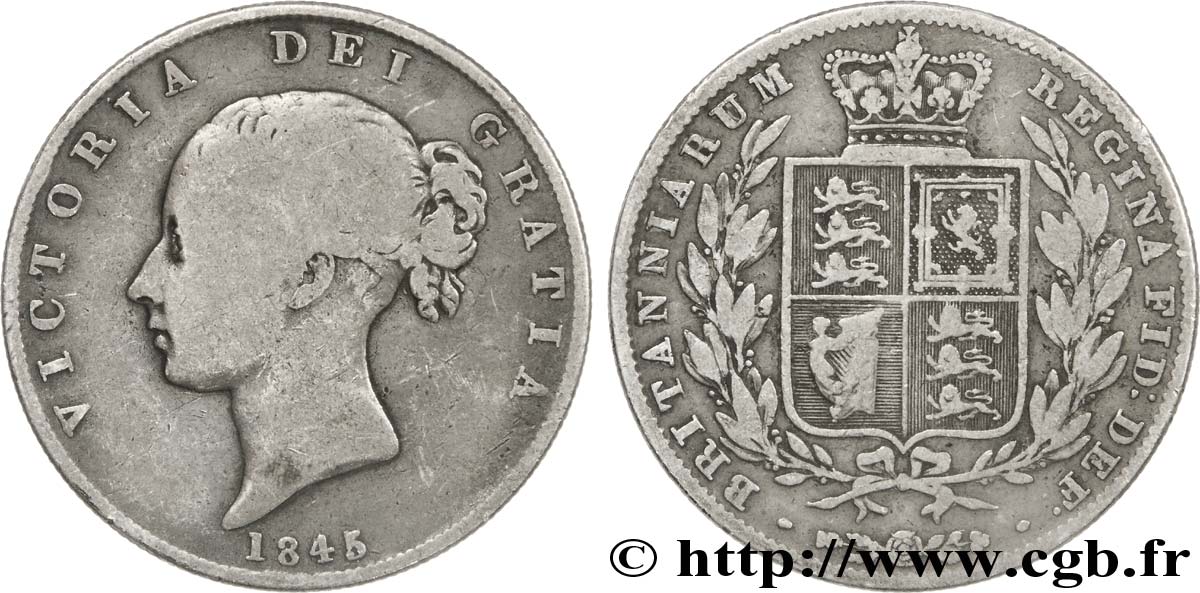 UNITED KINGDOM 1/2 Crown Victoria buste jeune / blason 1845  VF 