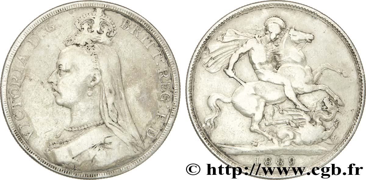 UNITED KINGDOM 1 Crown Victoria buste du jubilé / St Georges terrassant le dragon 1889  VF 