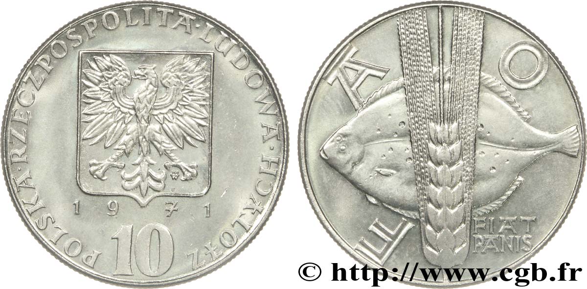 POLONIA 10 Zlotych FAO aigle / poisson et épi de blé 1971  SC 