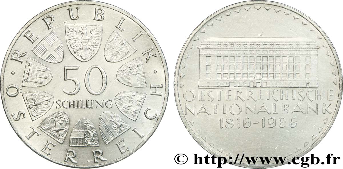 ÖSTERREICH 50 Schilling 150e anniversaire de la banque nationale autrichienne 1966  VZ 
