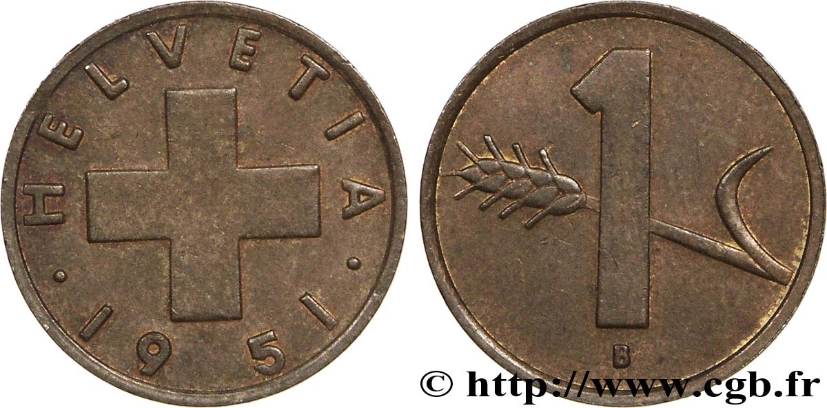 SVIZZERA  1 Centime Croix Suisse / épi d’avoine 1951 Berne SPL 
