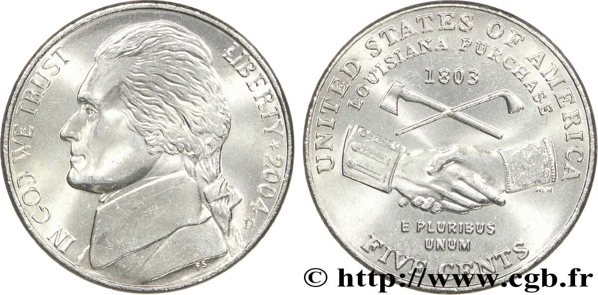 ESTADOS UNIDOS DE AMÉRICA 5 Cents Thomas Jefferson / achat de la Louisiane à la France en 1803 2004 Denver SC 