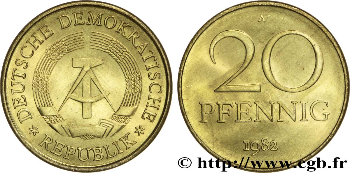 REPUBBLICA DEMOCRATICA TEDESCA 20 Pfennig emblème de la RDA 1982 Berlin MS 