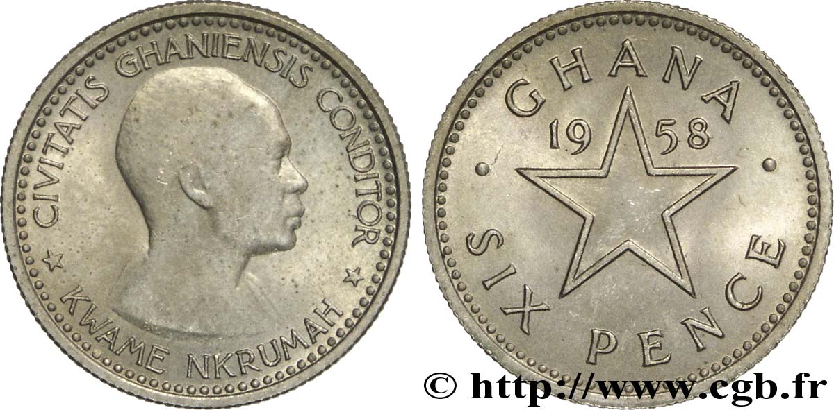 GHANA 6 Pence Kwame Nkrumah / étoile 1958  VZ 