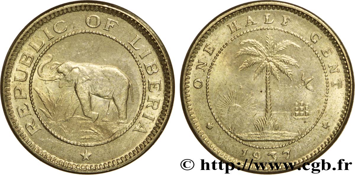 LIBERIA 1/2 Cent éléphant / emblème au palmier 1937  SPL 