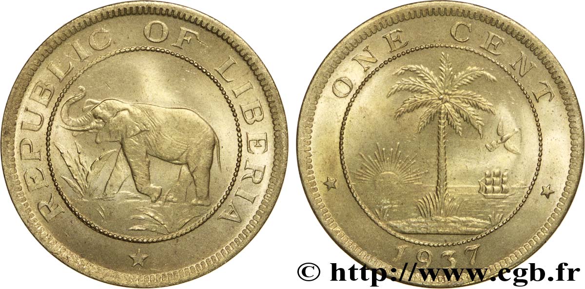 LIBERIA 1 Cent éléphant / emblème au palmier 1937  SUP 