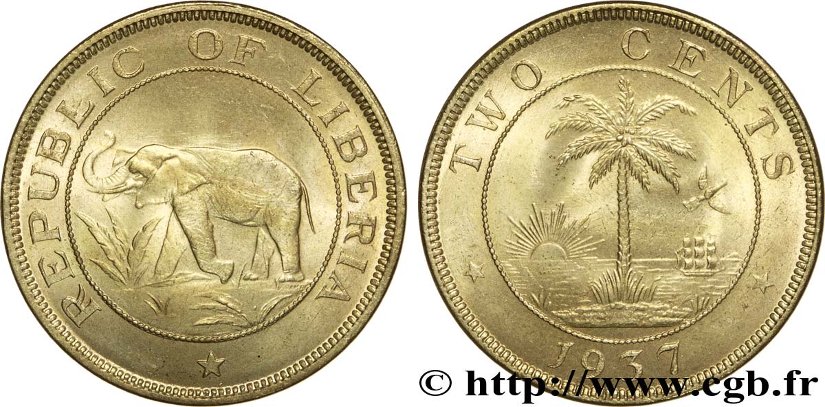 LIBERIA 2 Cents éléphant / emblème au palmier 1937  VZ 
