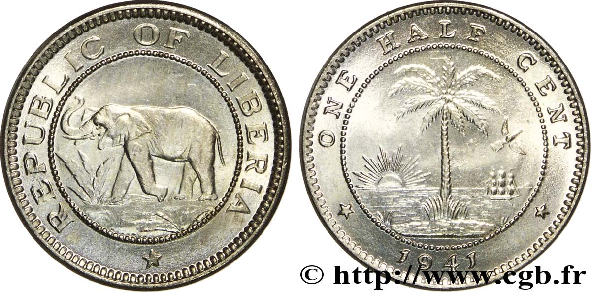 LIBERIA 1/2 Cent éléphant / emblème au palmier 1941  VZ 