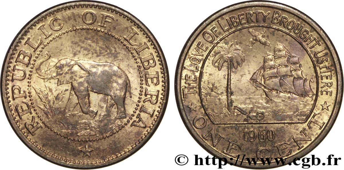 LIBERIA 1 Cent éléphant / emblème au palmier 1960  AU 