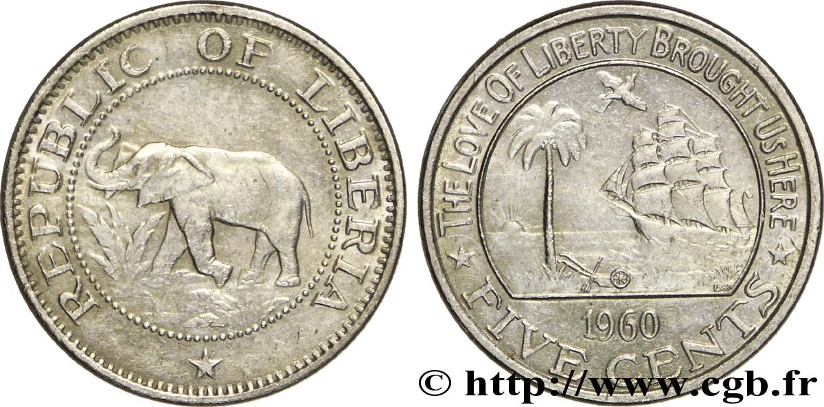 LIBERIA 5 Cents éléphant / emblème au palmier 1960  VZ 