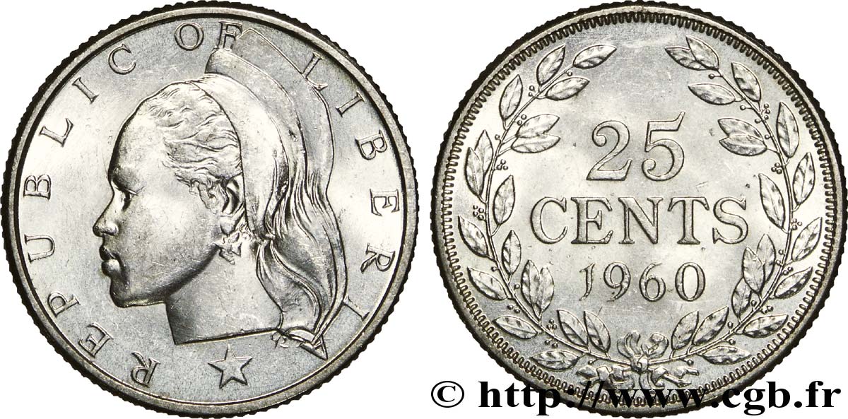 LIBERIA 25 Cents femme africaine 1960  AU 