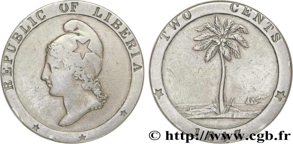 LIBERIA 2 Cents allégorie de la république / emblème au palmier 1847  MBC 