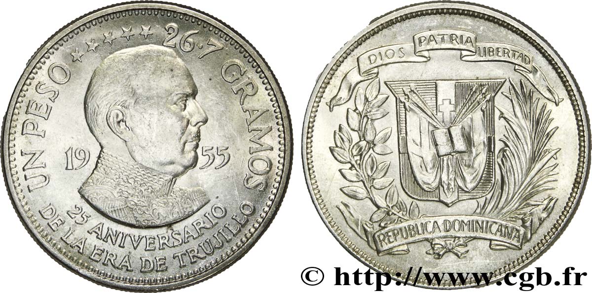 DOMINICAN REPUBLIC 1 Peso emblème / 25e anniversaire de l’ère de Trujillo 1955  AU 