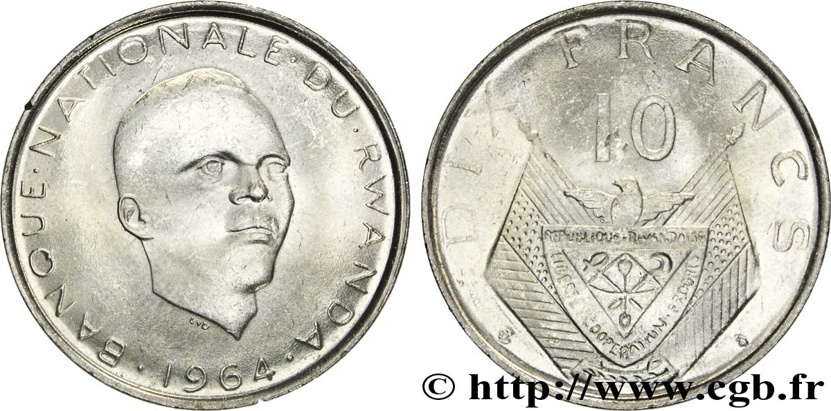 RUANDA 10 Francs président Grégoire Kayibanda / emblème 1964 Bruxelles SPL 