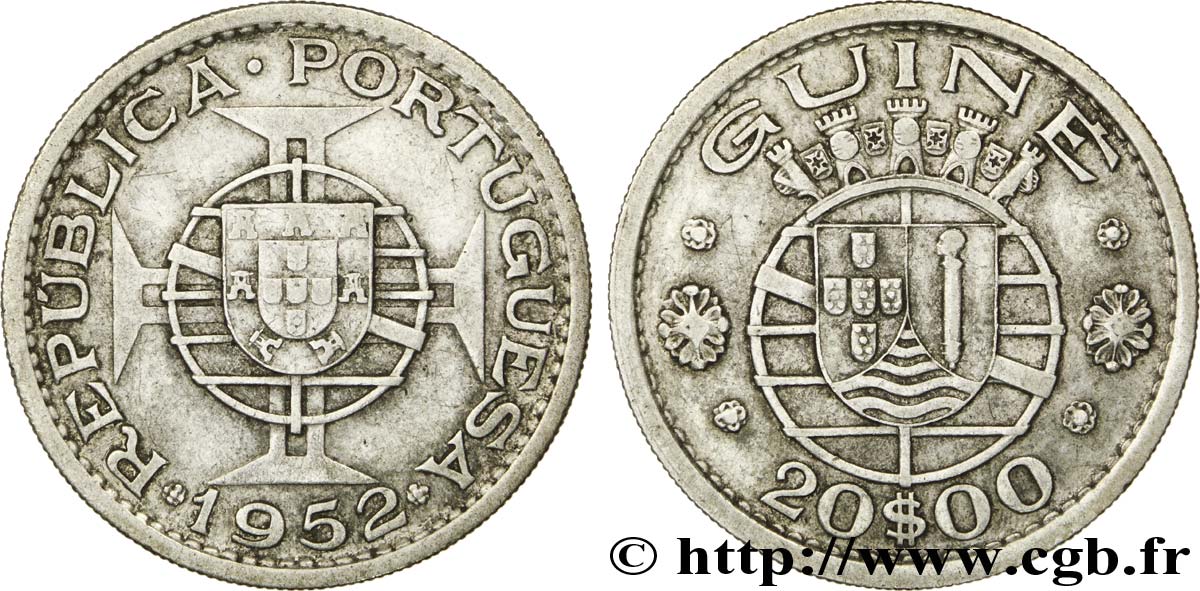 GUINEA-BISSAU 20 Escudos monnayage colonial Portugais 1952  AU 