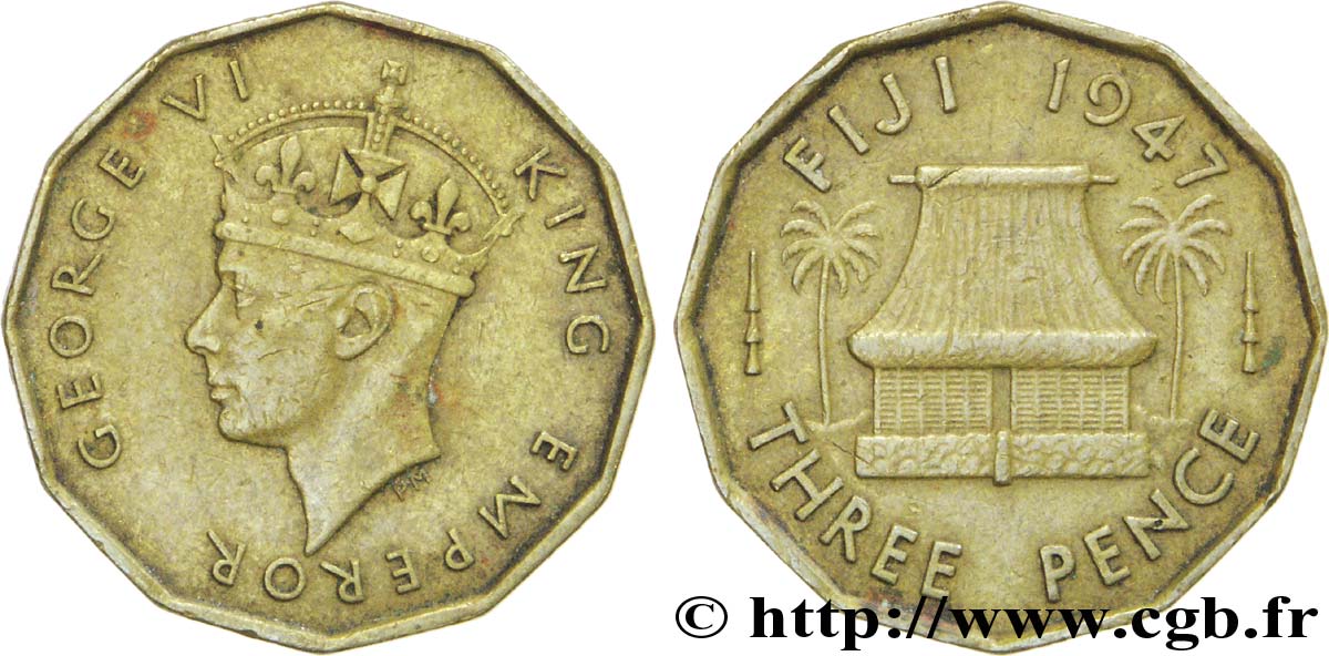 FIJI 3 Pence Georges  VI / maison traditionnelle 1947  XF 