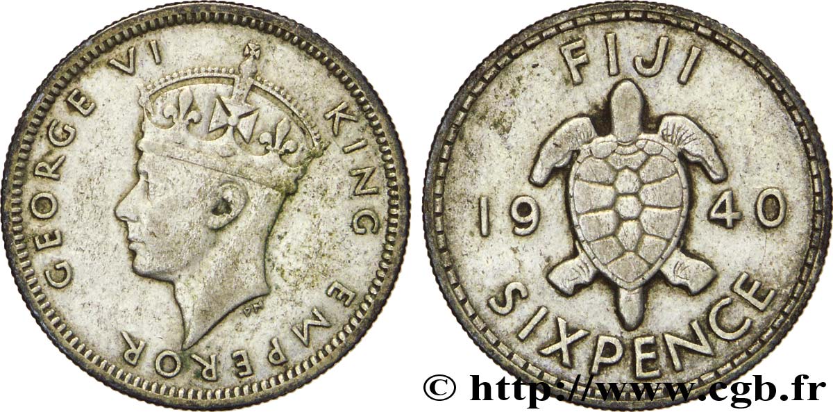 FIDJI 6 Pence Georges  VI / tortue 1940  TB+ 