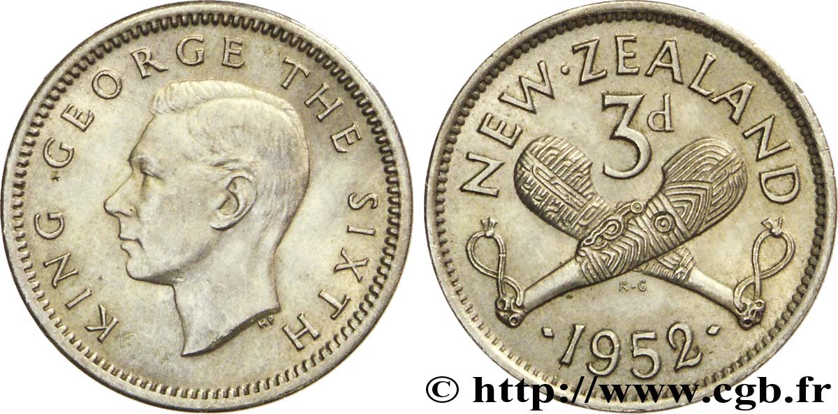 NEUSEELAND
 3 Pence Georges VI / patus maoris croisés 1952  VZ 
