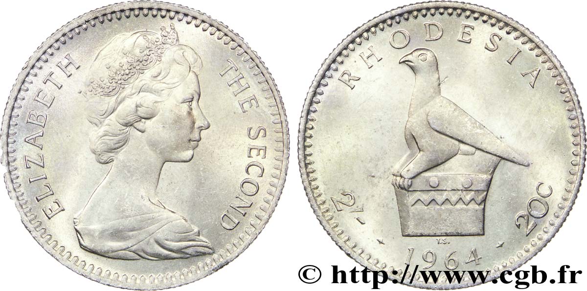 RHODÉSIE 2 Shillings (20 Cents) Elisabeth II / oiseau emblématique 1964  SPL 