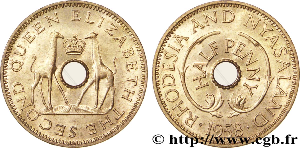 RHODESIEN UND NJASSALAND (Föderation von) 1/2 Penny frappe au nom d’Elisabeth II, deux girafes de part et d’autre d’une couronne 1958  fST 