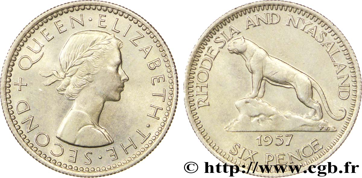 RHODESIEN UND NJASSALAND (Föderation von) 6 Pence Elisabeth II / lion 1957  VZ 