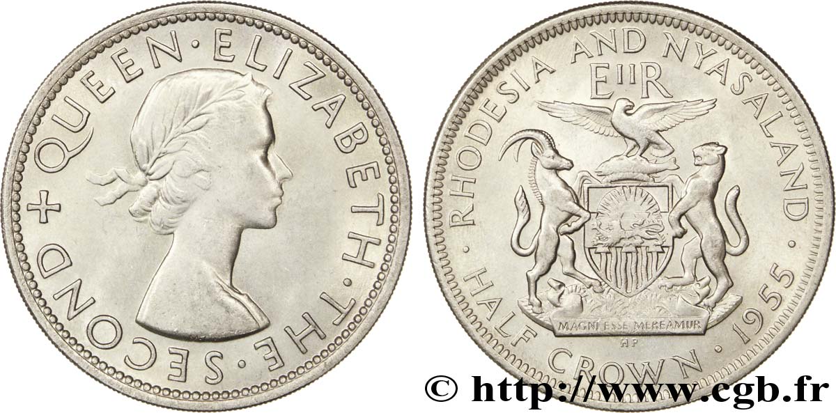 RHODESIA AND NYASALAND (Federation of) 1/2 Crown Elisabeth II / aigle pêcheur sur blason, lion et antilope 1955  AU 