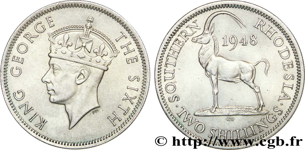 SOUTHERN RHODESIA 2 Shillings Georges VI / antilope des sables 1948  AU 