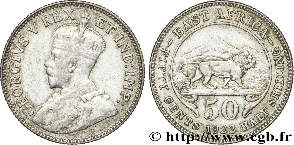 EAST AFRICA (BRITISH) 50 Cents (1/2 Shilling) Georges V / lion 1922  XF 